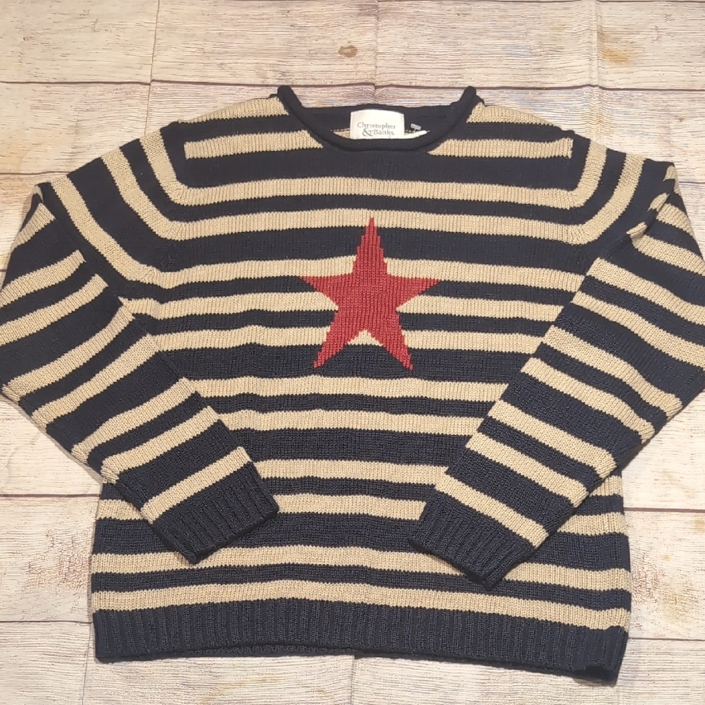 Christopher & Banks Blue & Tan Stripe Red Starknit Sweater Size Small
